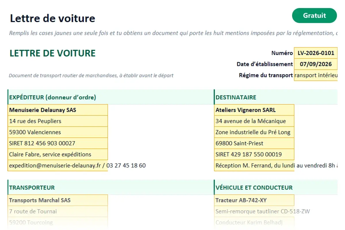 Aperçu du modèle Excel Lettre de voiture