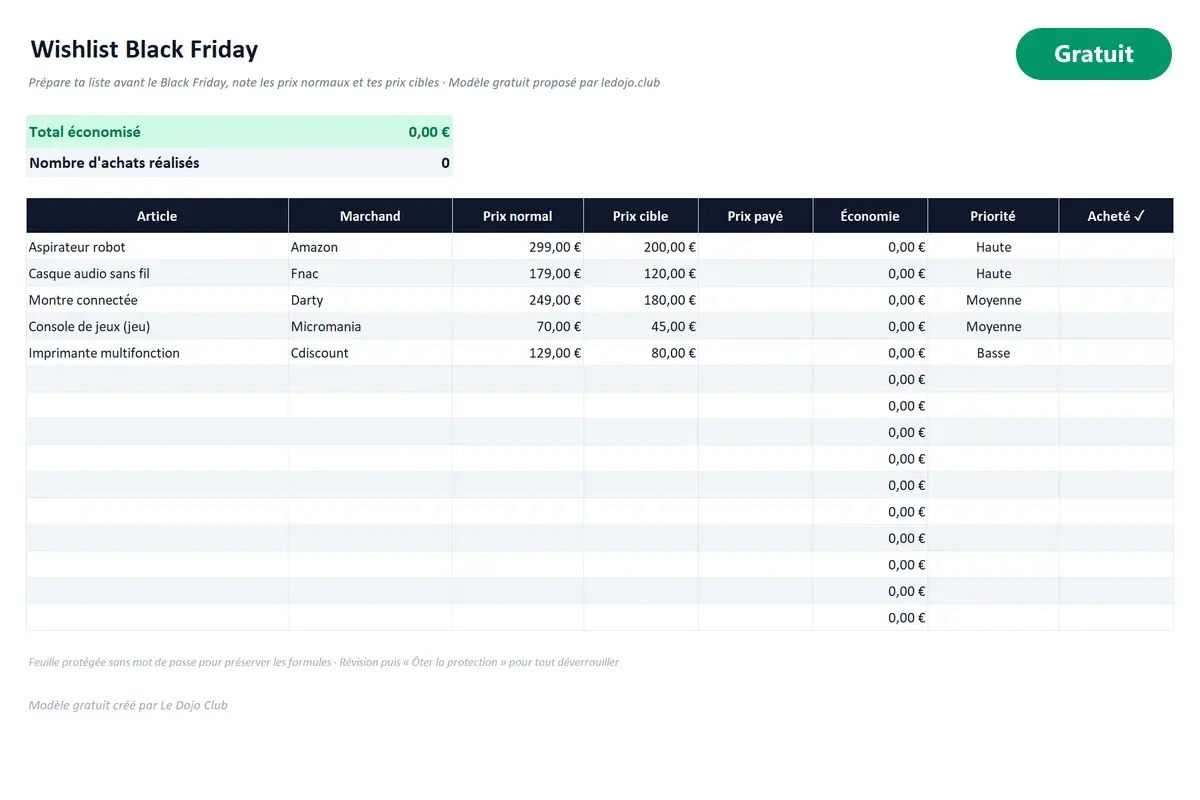 Aperçu du modèle Excel Liste d'achats Black Friday