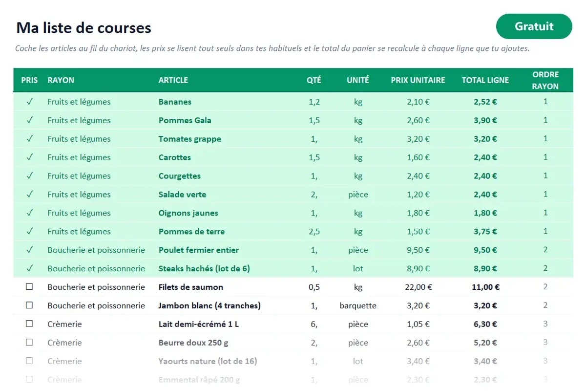 Aperçu du modèle Excel Liste de courses