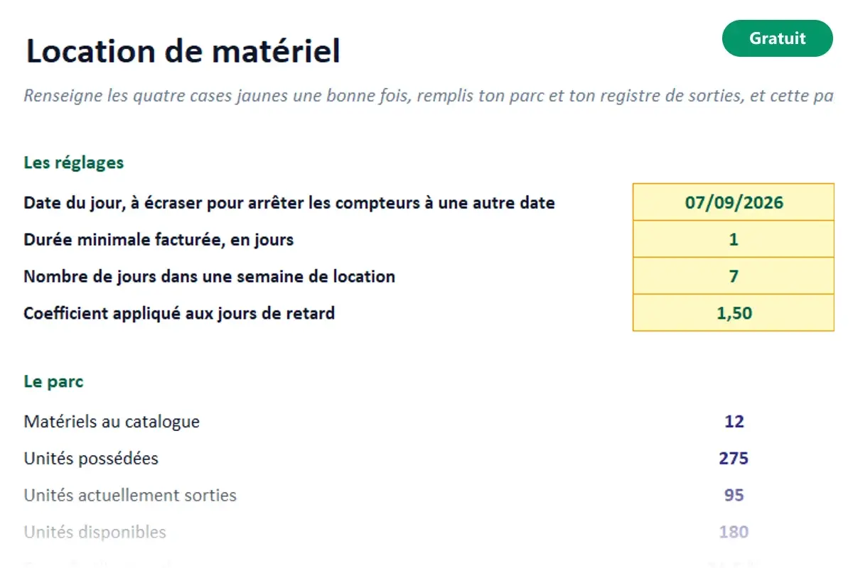 Aperçu du modèle Excel Location de matériel