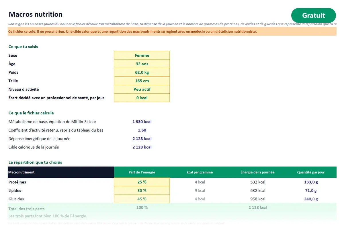 Aperçu du modèle Excel Macros nutrition