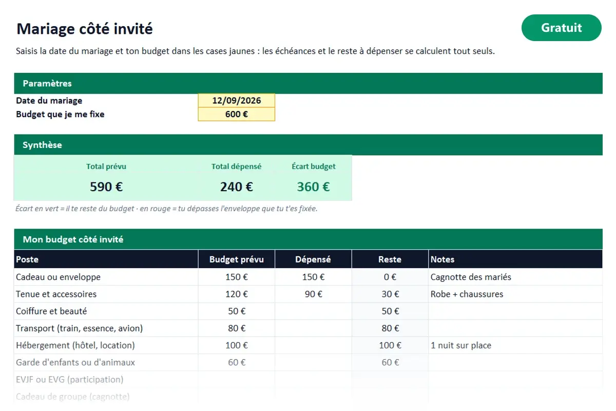 Aperçu du modèle Excel Mariage côté invité