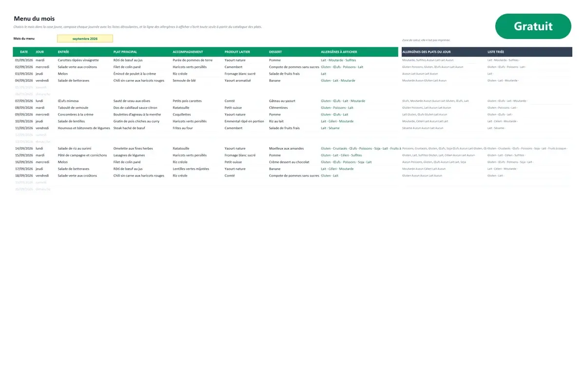 Aperçu du modèle Excel Menu de la cantine