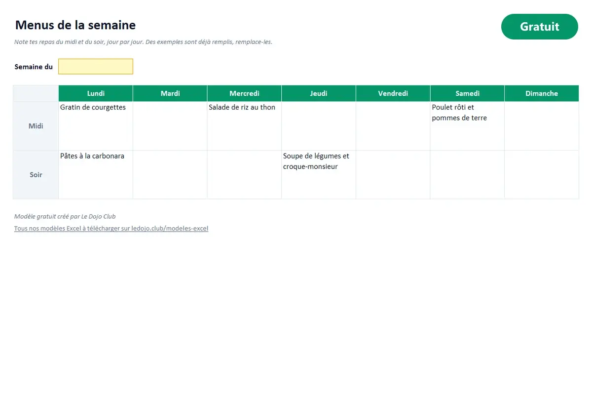 Aperçu du modèle Excel Menu de la semaine