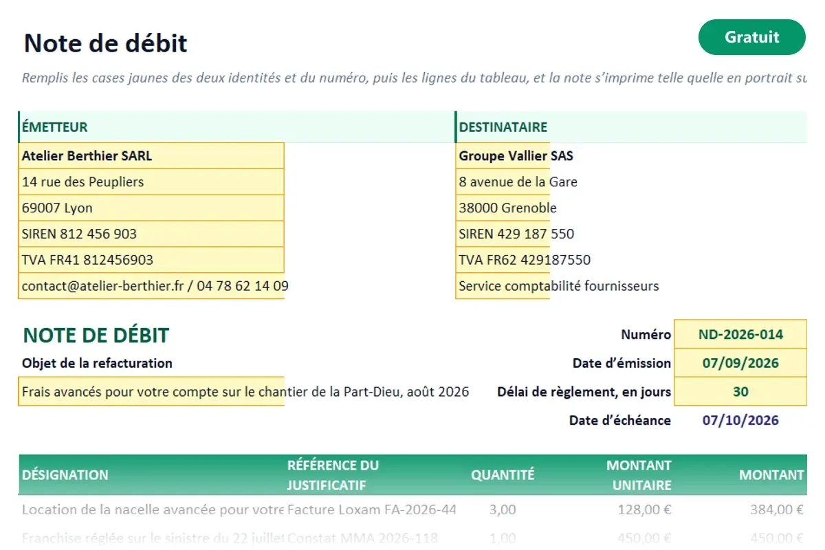 Aperçu du modèle Excel Note de débit