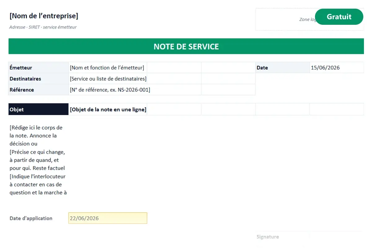 Aperçu du modèle Excel Note de service