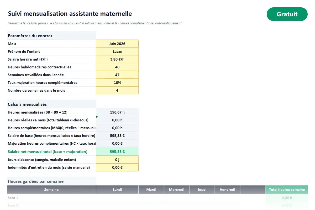 Aperçu du modèle Excel Suivi mensualisation assistante maternelle