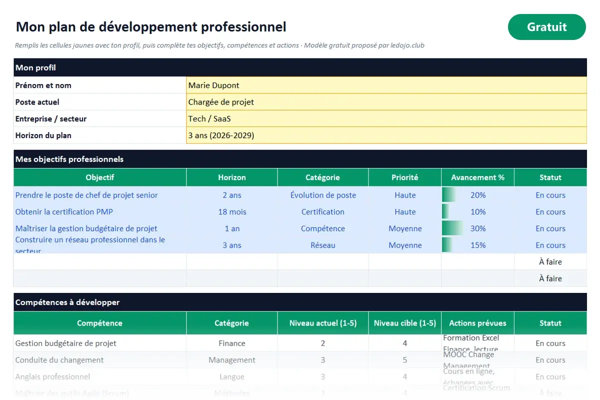Aperçu du modèle Excel Plan de carrière