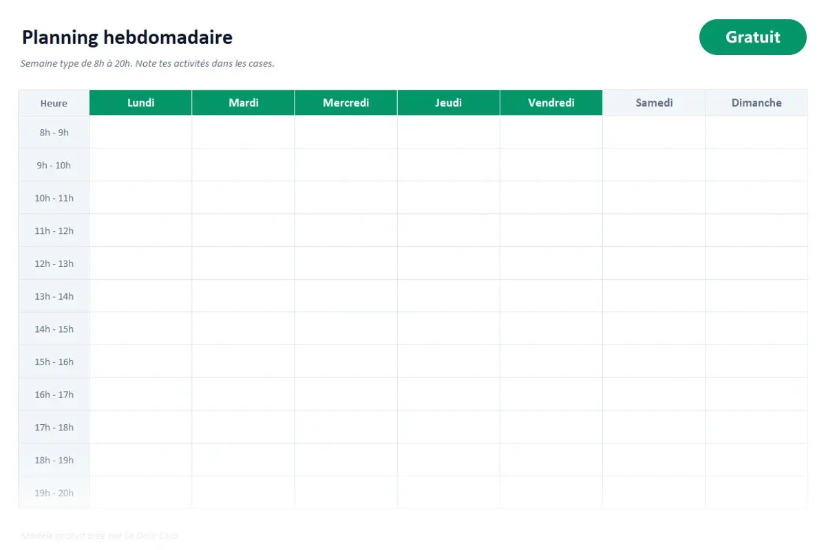 Aperçu du modèle Excel Planning hebdomadaire
