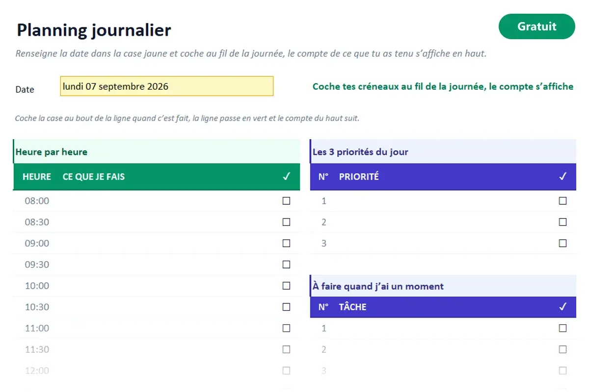 Aperçu du modèle Excel Planning journalier