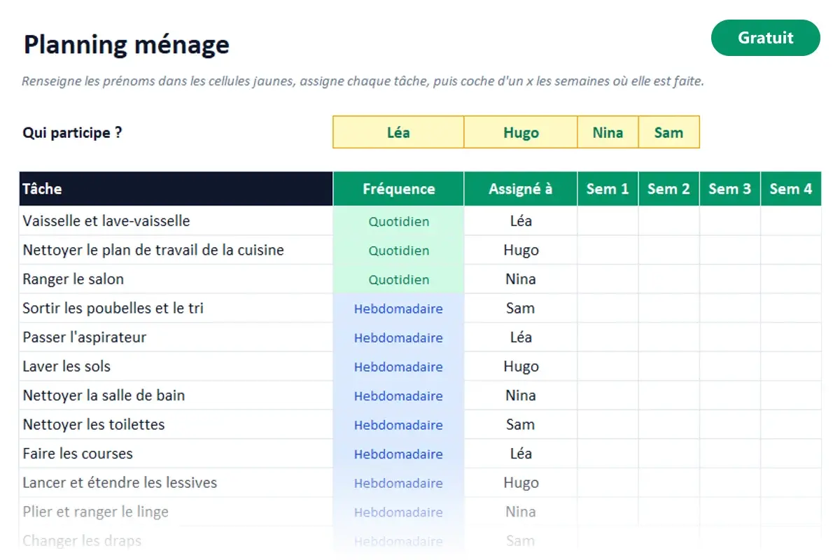 Aperçu du modèle Excel Planning ménage