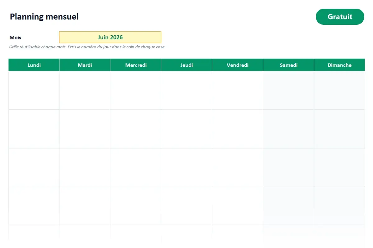 Aperçu du modèle Excel Planning mensuel