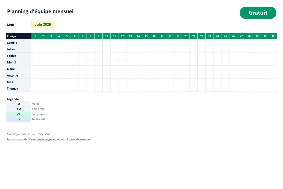 Aperçu du modèle Excel Planning d'équipe