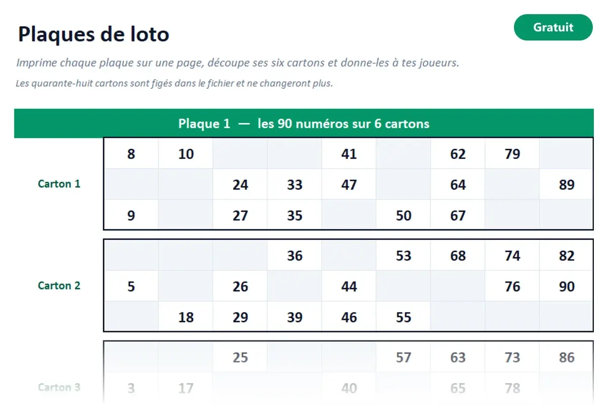 Aperçu du modèle Excel Plaques de loto