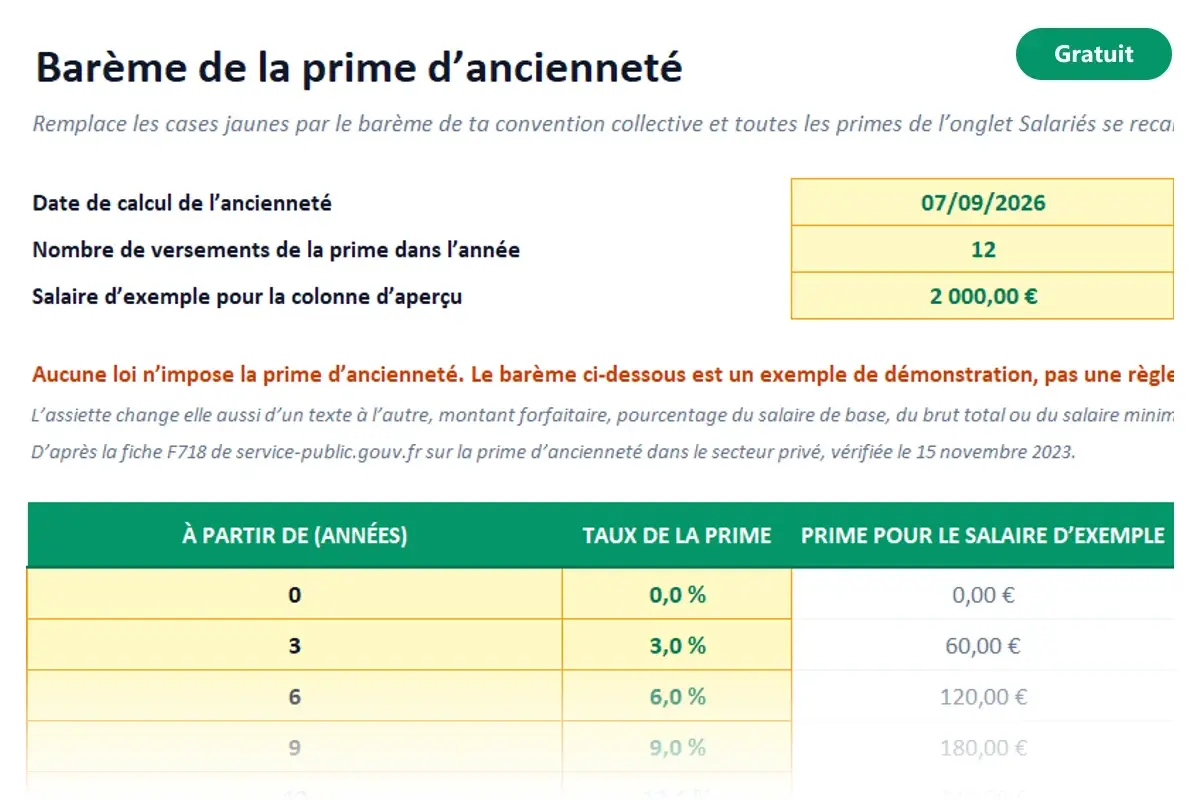 Aperçu du modèle Excel Prime d'ancienneté