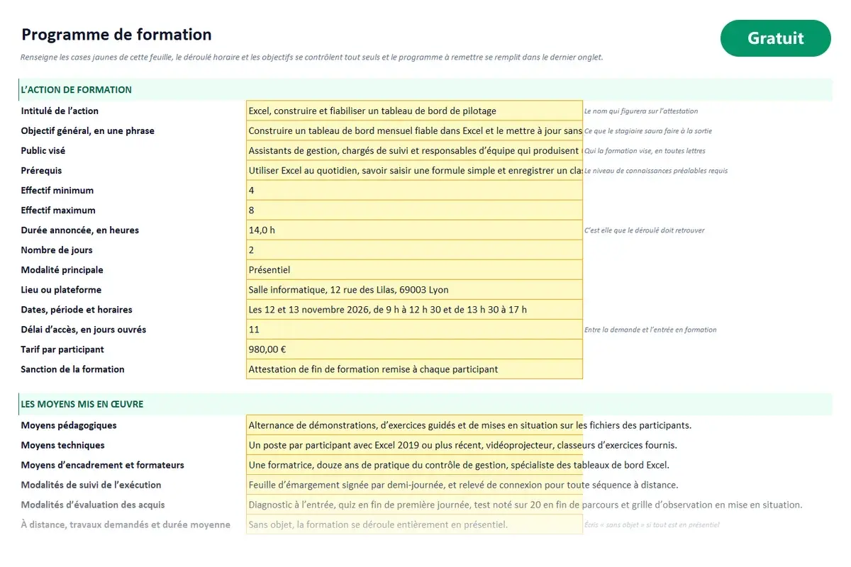 Aperçu du modèle Excel Programme de formation