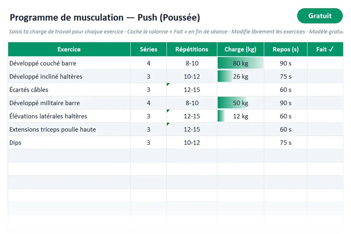 Aperçu du modèle Excel Programme de musculation