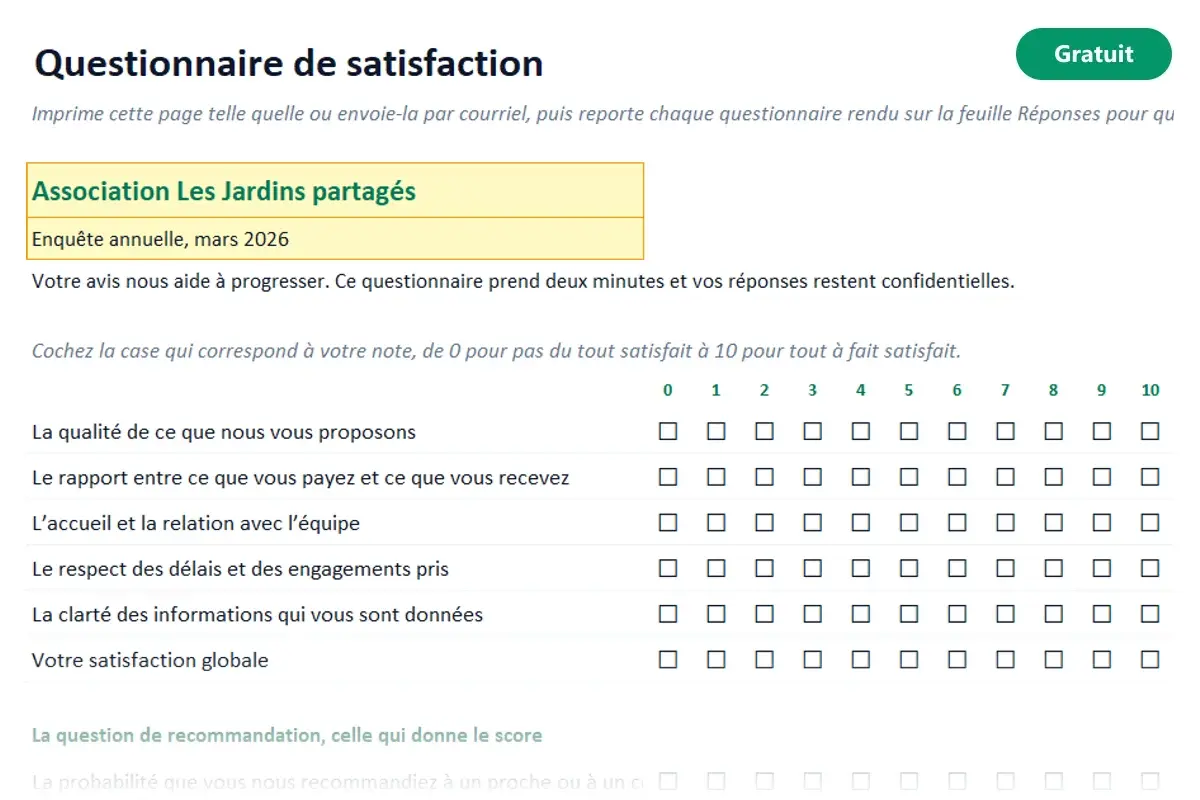 Aperçu du modèle Excel Questionnaire de satisfaction