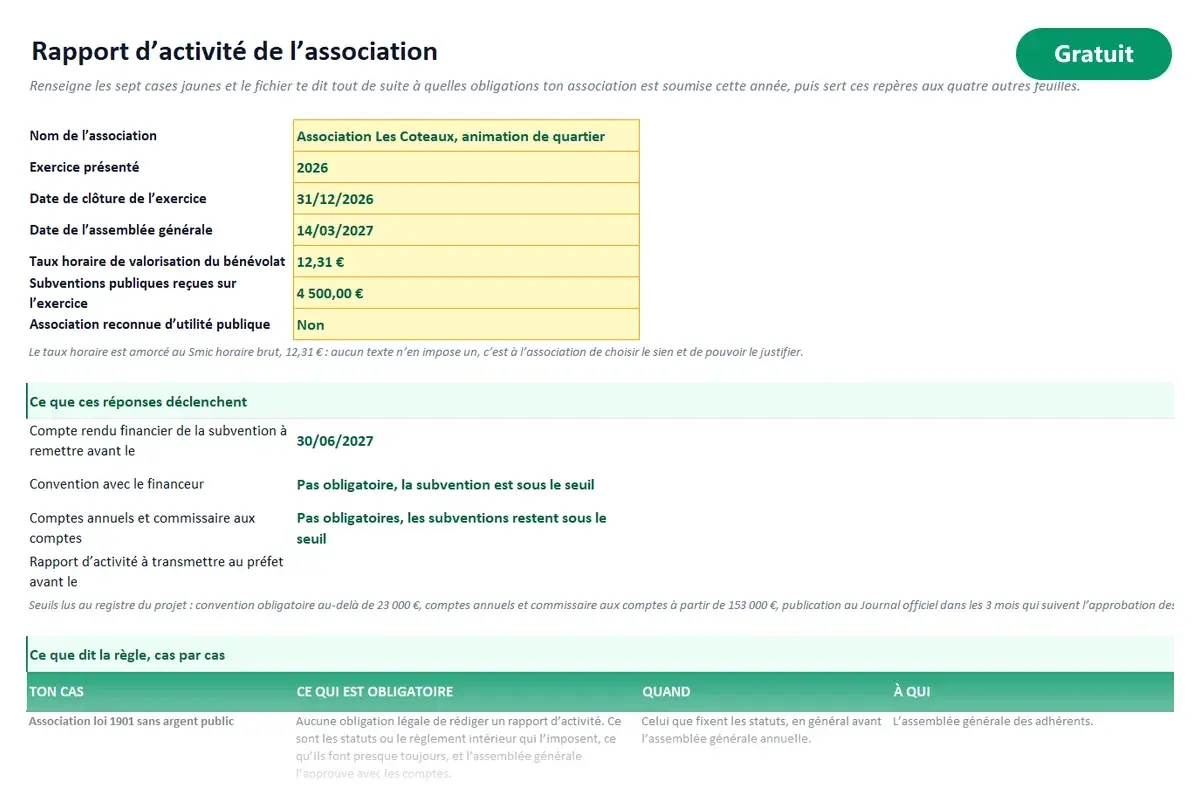 Aperçu du modèle Excel Rapport d’activité d’association