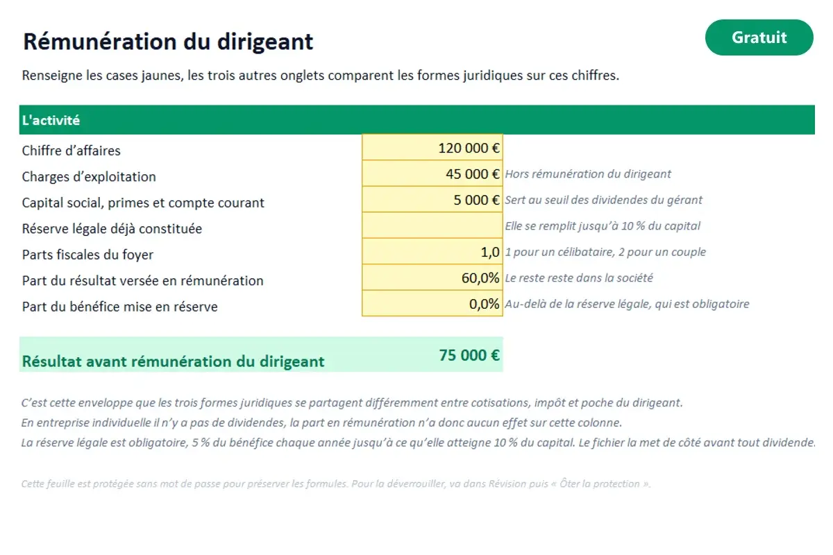 Aperçu du modèle Excel Rémunération du dirigeant