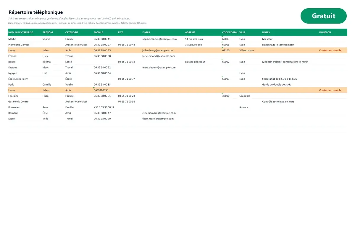 Aperçu du modèle Excel Répertoire téléphonique