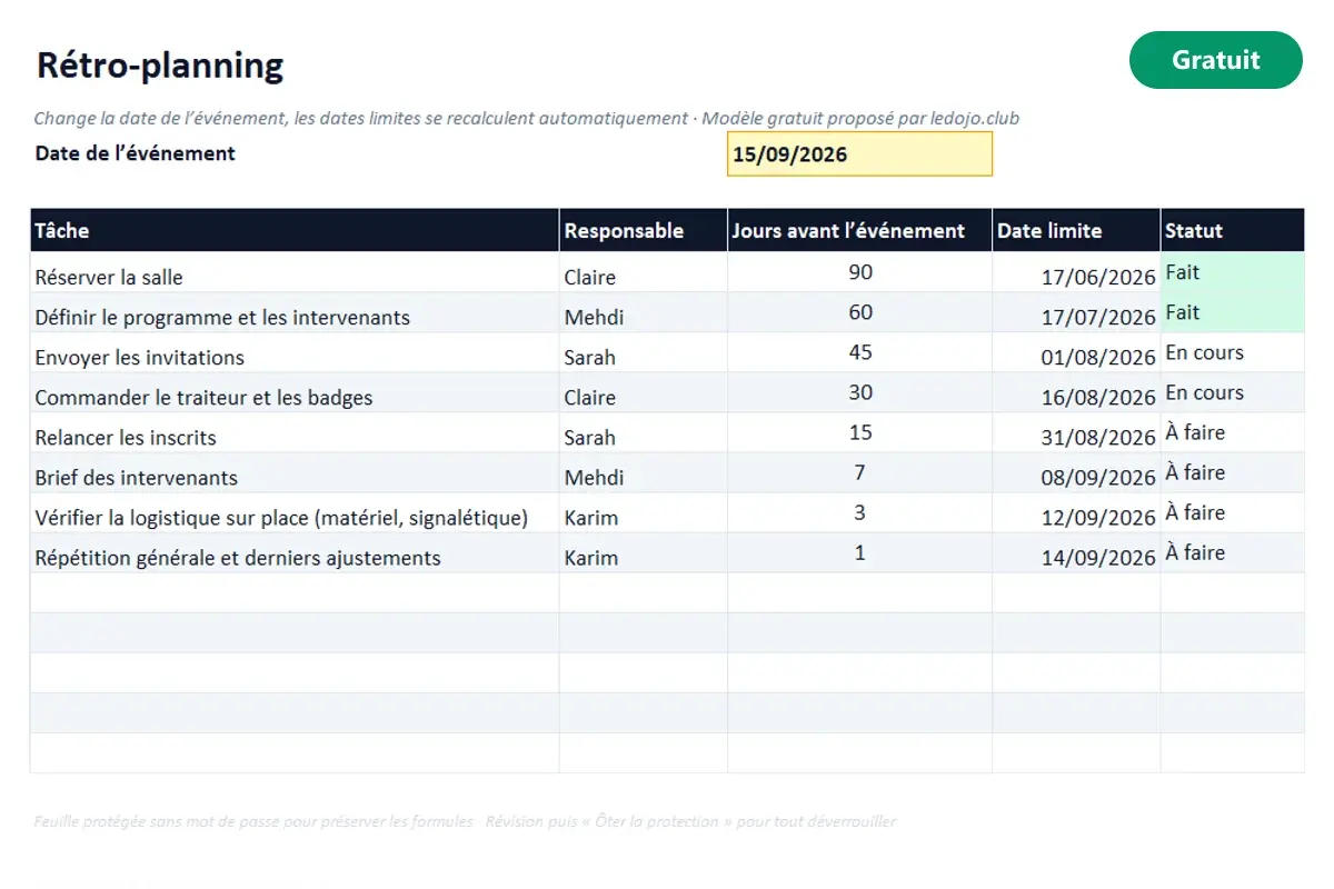 Aperçu du modèle Excel Rétro-planning