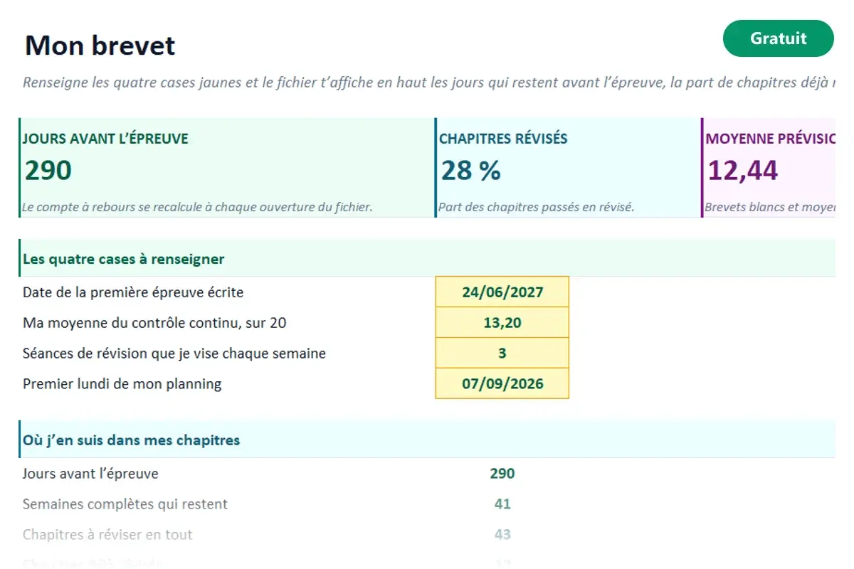Aperçu du modèle Excel Planning de révisions du brevet