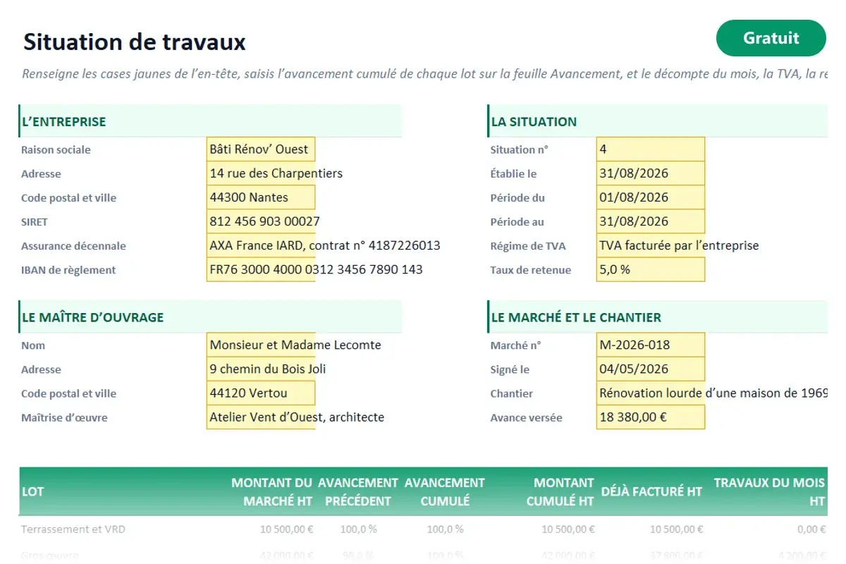Aperçu du modèle Excel Situation de travaux
