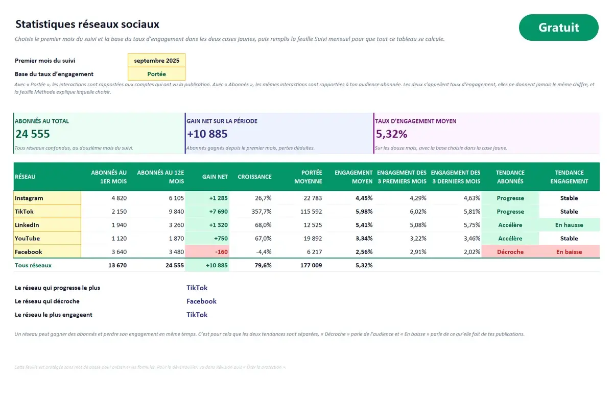 Aperçu du modèle Excel Statistiques réseaux sociaux