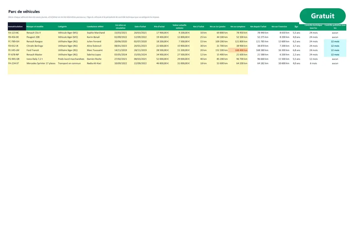 Aperçu du modèle Excel Suivi de flotte