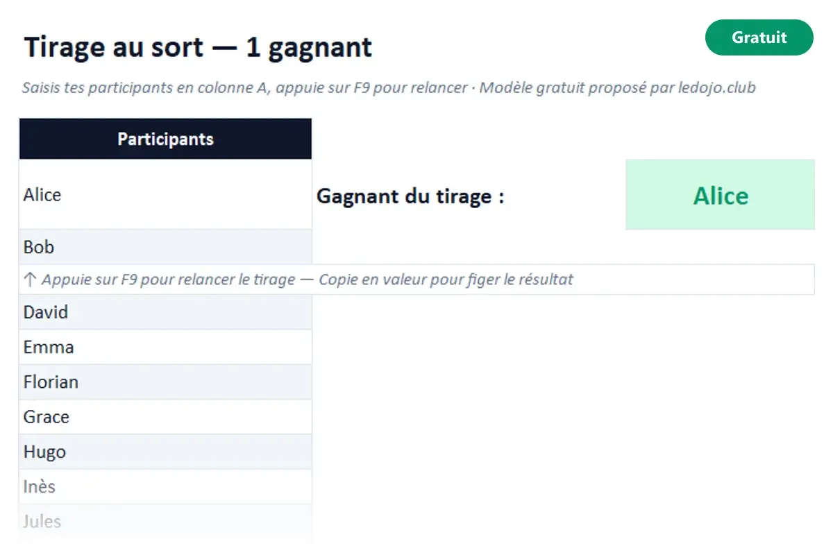 Aperçu du modèle Excel Tirage au sort