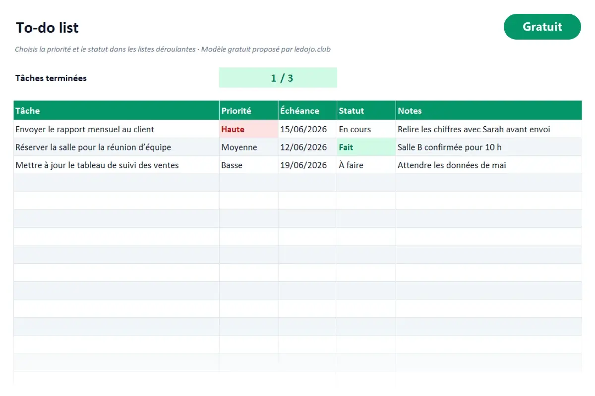 Aperçu du modèle Excel To-do list