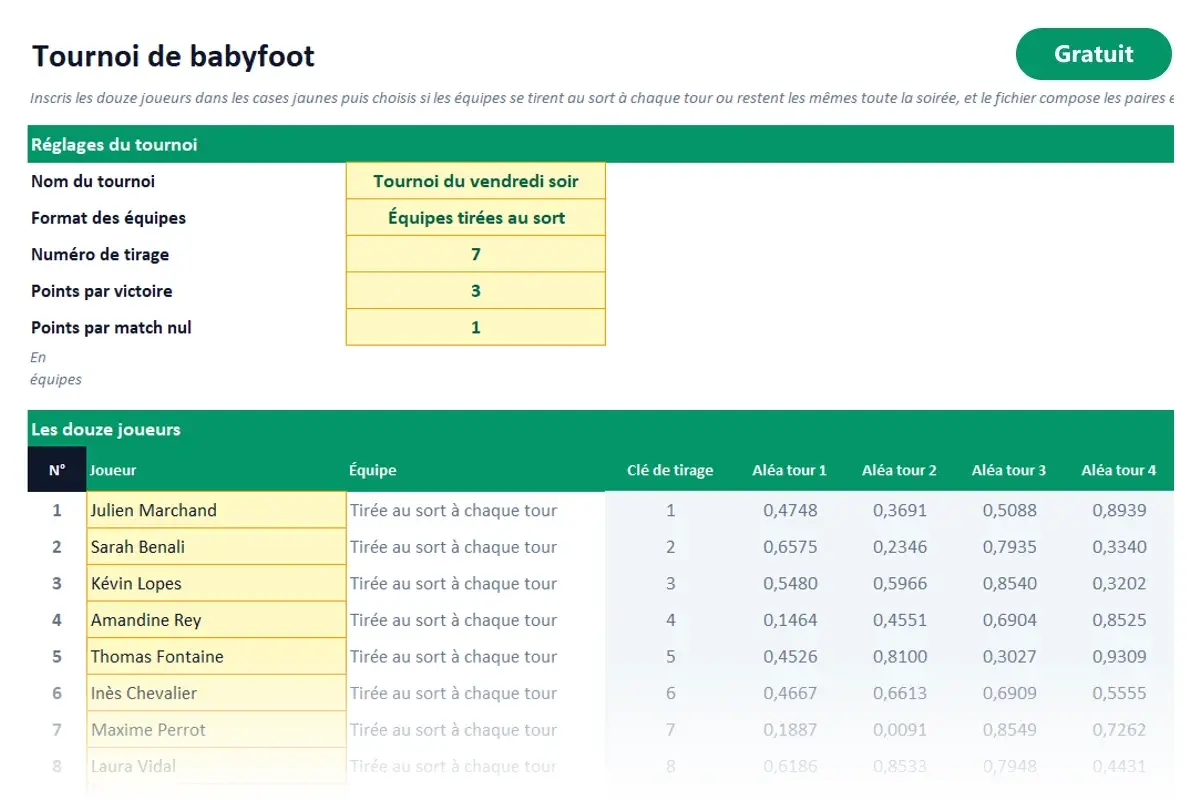 Aperçu du modèle Excel Tournoi de babyfoot