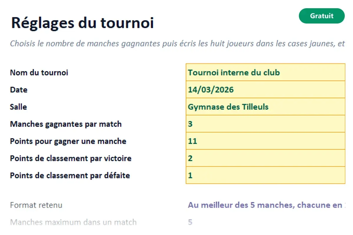 Aperçu du modèle Excel Tournoi de tennis de table