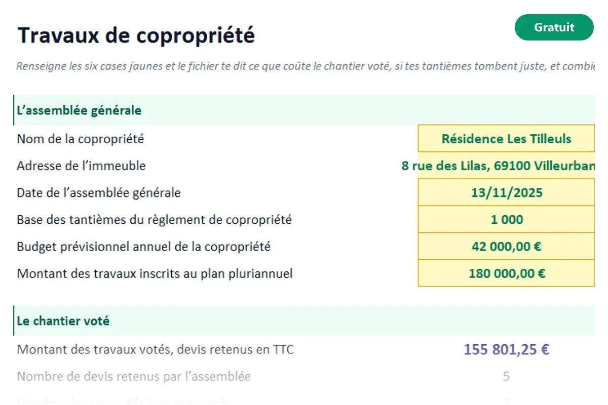 Aperçu du modèle Excel Suivi des travaux de copropriété