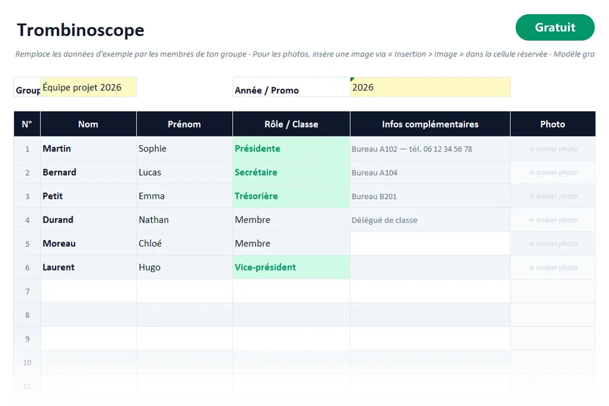 Aperçu du modèle Excel Trombinoscope