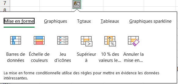 Galerie « Analyse rapide » d'Excel ouverte sous une sélection, avec ses onglets Mise en forme, Graphiques, Totaux, Tableaux et Graphiques sparkline, et les icônes de mise en forme conditionnelle.