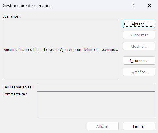 Boîte de dialogue Gestionnaire de scénarios d'Excel listant des scénarios nommés comme Optimiste et Pessimiste
