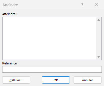 Boîte de dialogue « Atteindre » d'Excel, avec la liste des destinations, le champ « Référence » et le bouton « Cellules… » qui ouvre la sélection spéciale.