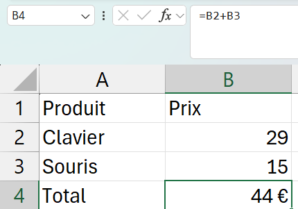Barre de formule Excel affichant le contenu d'une cellule, située à droite de la zone de nom au-dessus de la feuille