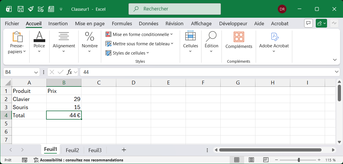 Fenêtre Excel montrant un classeur avec sa grille de cellules et les onglets de feuilles en bas