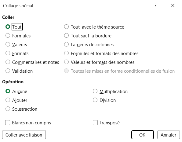 Boîte de dialogue Collage spécial d'Excel avec les options Valeurs, Formats, Formules et Transposé