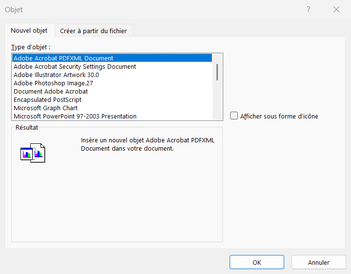 Boîte de dialogue Objet d'Excel avec la liste des types d'objets à créer et l'option pour insérer un fichier existant
