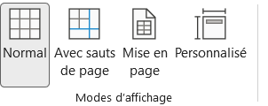 Groupe Modes d'affichage du ruban Affichage avec les vues Normal, Aperçu des sauts de page, Mise en page et Personnalisé