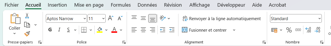 Ruban Excel avec ses onglets Accueil, Insertion, Formules et Données et les groupes de commandes associés