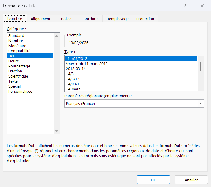 Onglet Nombre de la boîte Format de cellule, catégorie Date, avec la liste des formats de date disponibles