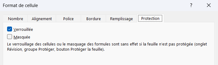 Onglet Protection de la boîte Format de cellule d'Excel, avec la case Verrouillée cochée