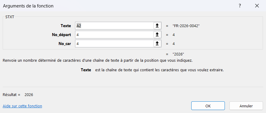 Boîte « Arguments de la fonction » d'Excel pour STXT : Texte pointe sur A2 (« FR-2026-0042 »), No_départ vaut 4 et No_car vaut 4, avec le résultat 2026 affiché.