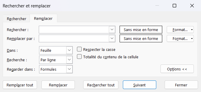 Onglet Remplacer de la boîte Rechercher et remplacer d'Excel, avec les champs Rechercher et Remplacer par