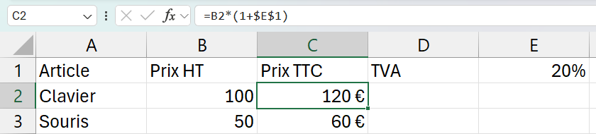 Référence Excel avec un signe dollar placé devant la seule colonne ou la seule ligne, illustrant le verrouillage partiel